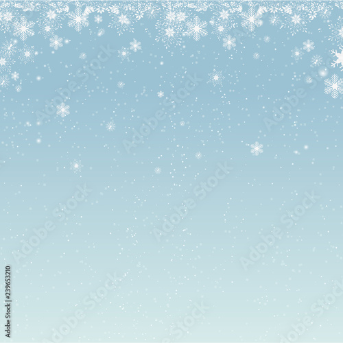 Beautiful falling snow Christmas background. Subtle flying snow flakes and stars on light grey background. Actual winter silver snowflake overlay template. Brilliant vector illustration.