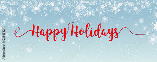 Brush lettering on a blue background with snowflakes Happy Holidays. Vector.
