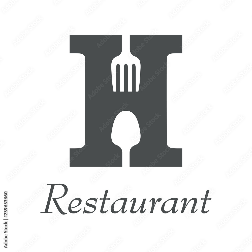 Fototapeta premium Logotipo con texto Restaurant y letra H mayúscula con cubiertos color gris