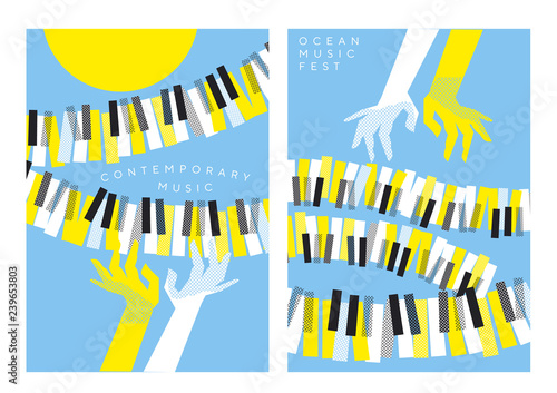 hands and piano keys over blue sky and yellow sun