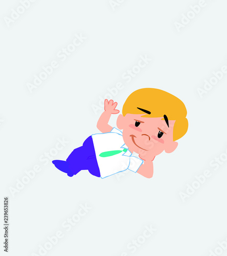 Businessman in casual style lying, greets with a dreamy expression.