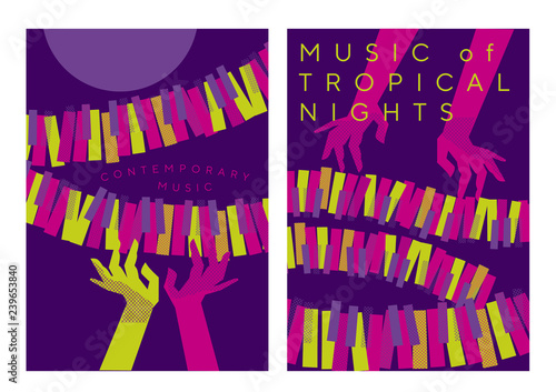 woman hands over piano keys in tropical colors