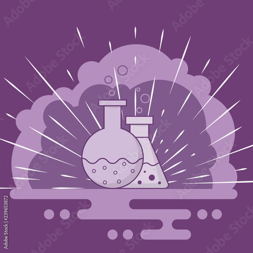 Blue flask and retort with chemical fluid. Bubbles come out. Purple background with clouds of smoke and white shining