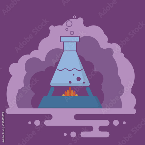 Blue flask and retort with chemical fluid. Bubbles come out.  Purple background with clouds of smoke