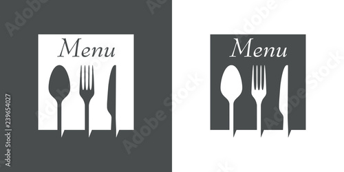 Logotipo con texto Menu con cubiertos en espacio negativo en cuadrado en gris y blanco