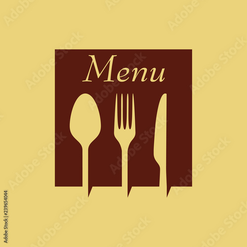 Logotipo con texto Menu con cubiertos en espacio negativo en cuadrado en tonos marrón
