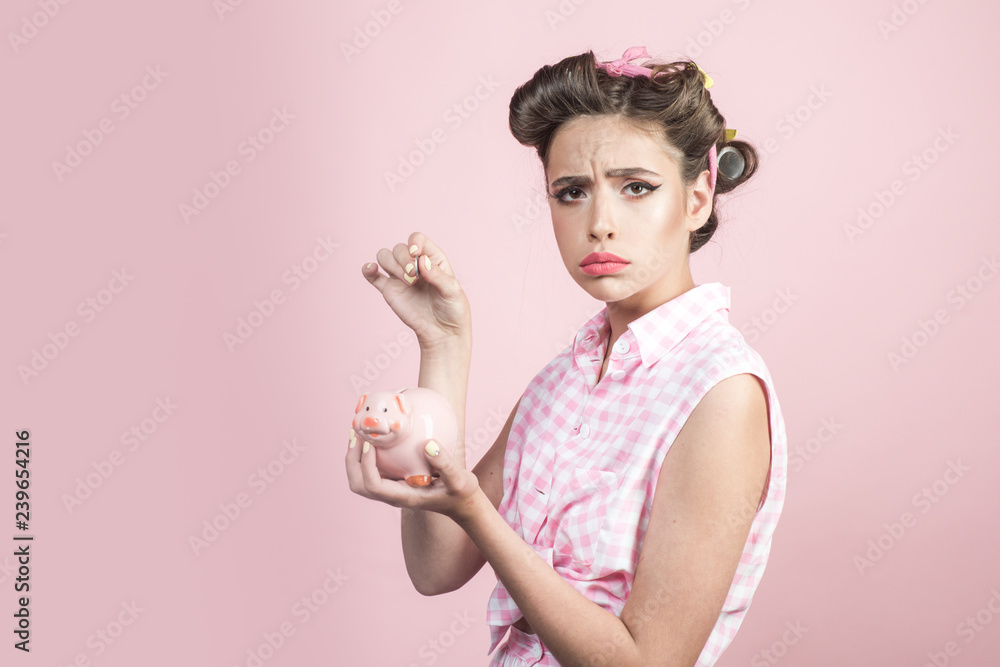 retro woman with moneybox. pretty girl in vintage style. pin up