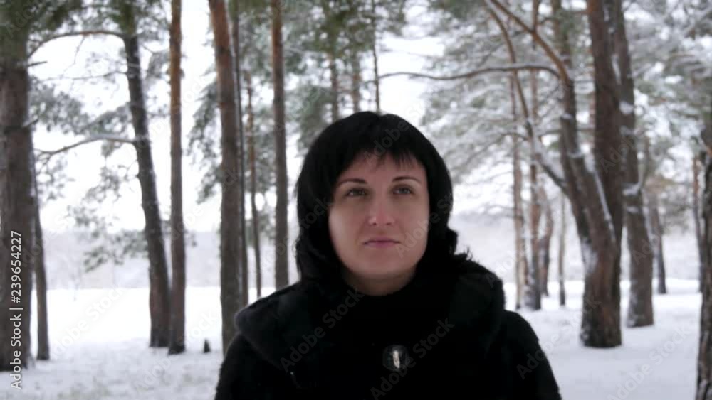 Portrait of a young brunette in a fur coat, walks in snowy woods or the Park on a cold day and looking at the camera. The movement of the camera Steadicam. Portrait of a young brunette in a fur coat, walks in snowy woods or the Park on a cold day and looking at the camera. The movement of the camera Steadicam.
