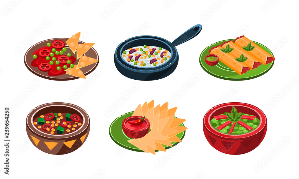 Collection of Mexican traditional food dishes vector Illustration on a white background Collection of Mexican traditional food dishes vector Illustration on a white background