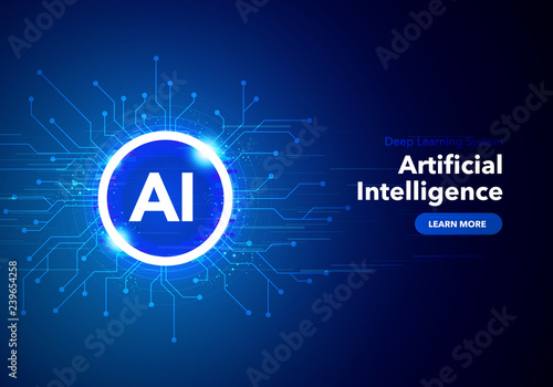 Vector Illustration artificial Intelligence landing page. Website template for ai machine deep learning technology sci-fi concept.