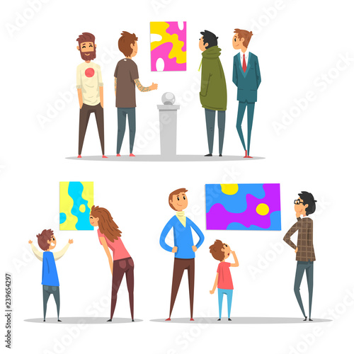 People looking at abstract paintings hanging on the wall, visitors of modern art gallery vector Illustration