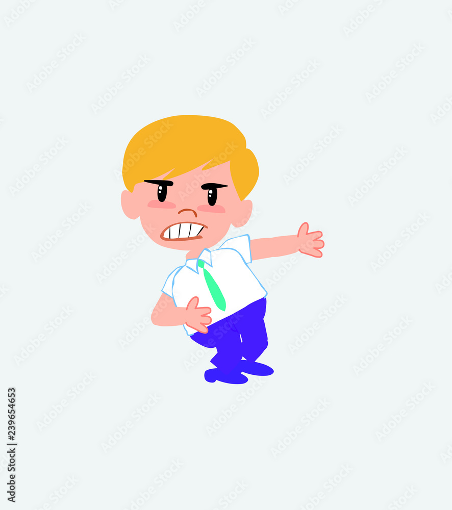 Businessman in casual style shows very angry something to his left.