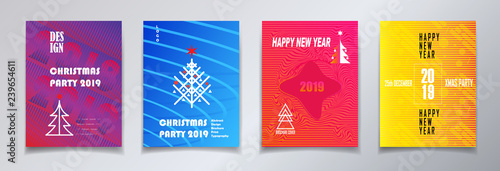 2019 Winter Holiday Happy New Year   Christmas card Santa  snowman  Christmas tree  Christmas ball  reindeer  stars  snowflakes brochure decoration icons drawing design vector invitation business