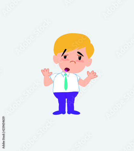 Businessman in casual style makes a gesture of tired resignation.