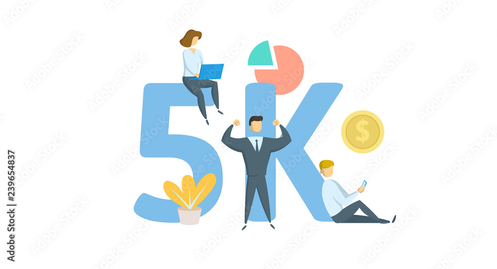 5K likes, followers online social media banner. Concept with keywords, letters, and icons. Colored flat vector illustration. Isolated on white background.