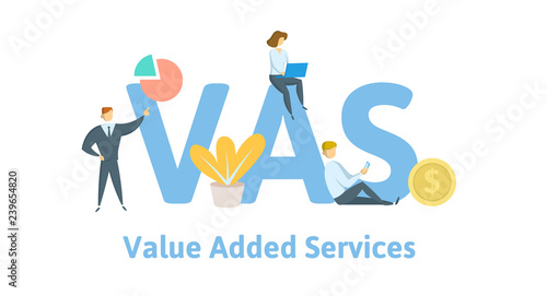 VAS, Value Added Services. Concept with keywords, letters, and icons. Colored flat vector illustration. Isolated on white background.