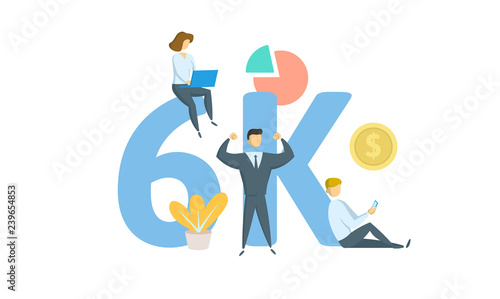 6K likes, followers online social media banner. Concept with keywords, letters, and icons. Colored flat vector illustration. Isolated on white background.