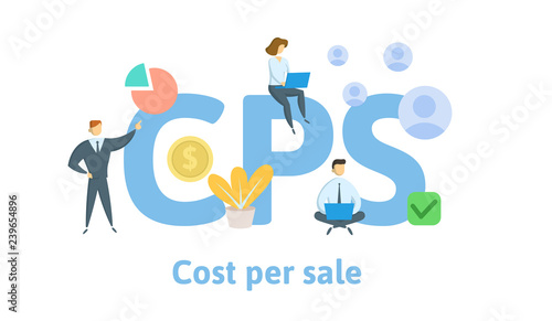CPS, cost per sale. Concept with keywords, letters, and icons. Colored flat vector illustration. Isolated on white background.