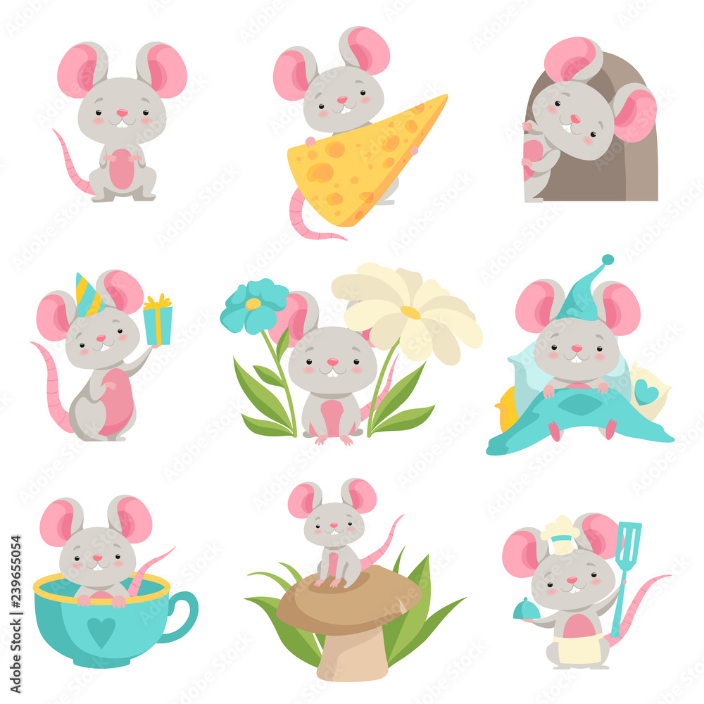 Cute mouse in different situations set, funny animal cartoon character vector Illustration on a white background