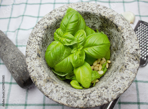 Quadro su tela Frisch geerntete Zutaten für italienische Pesto im Mörser
