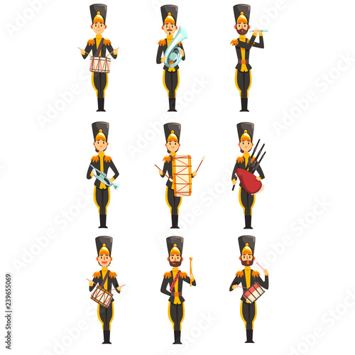 Soldiers playing musical instruments, members of army military band in black uniform vector Illustration on a white background
