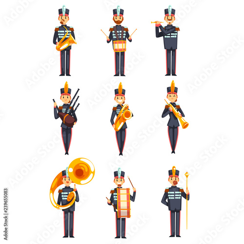 Soldiers playing musical instruments set, members of army military band in blue uniform vector Illustration on a white background