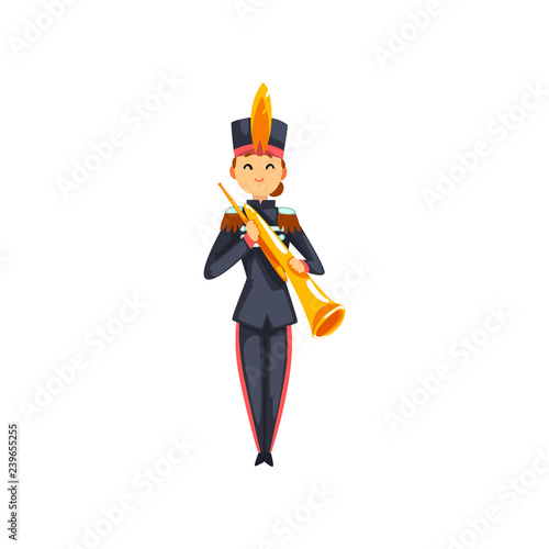 Soldier playing brass wind musical instrument, member of army military band with musical instrument vector Illustration on a white background