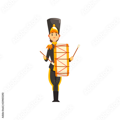 Soldier in black uniform with drum, member of army military band with musical instrument vector Illustration on a white background