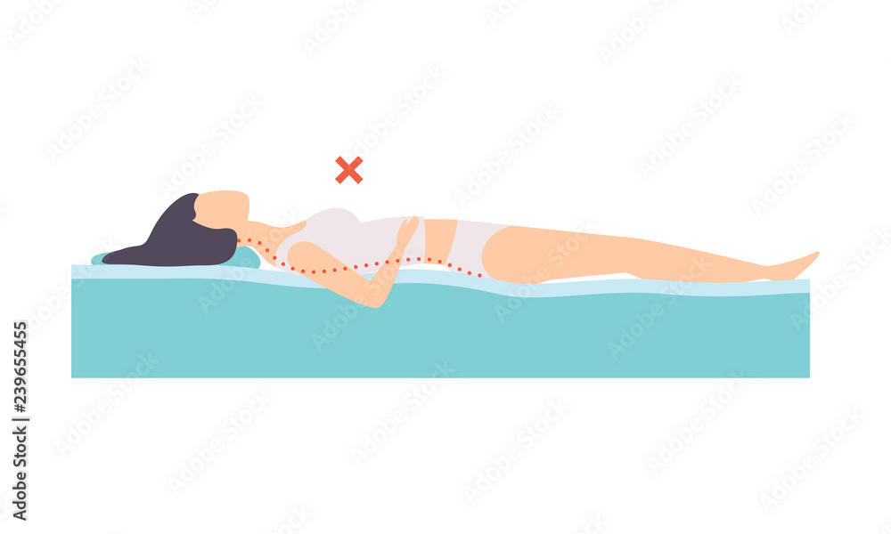 Obraz premium Woman lying on her back, incorrect sleeping posture for neck and spine, unhealthy sleeping position vector Illustration