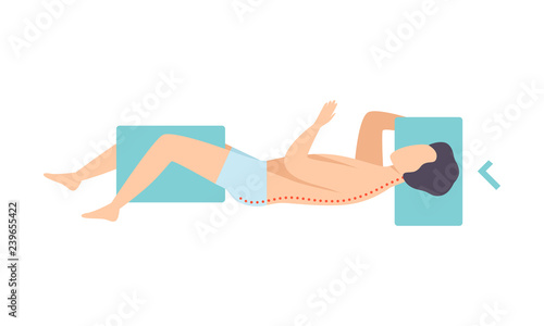 Man lying on his side, view from above, correct sleeping posture for neck and spine, healthy sleeping position vector Illustration