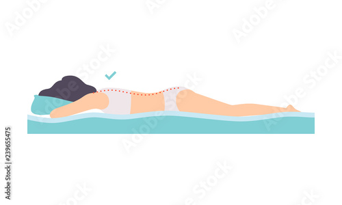 Woman lying on her stomach, correct sleeping posture for neck and spine, healthy sleeping position, orthopedic mattress and pillow vector Illustration