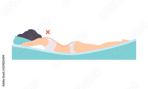 Woman lying on her stomach, incorrect sleeping posture for neck and spine, unhealthy sleeping position vector Illustration