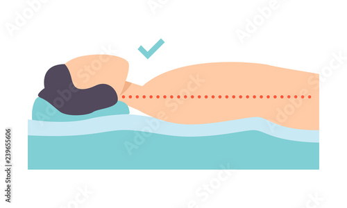 Man lying on his back, correct sleeping posture for neck and spine, healthy sleeping position, orthopedic mattress and pillow vector Illustration