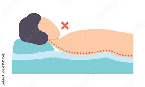 Man lying on his back, incorrect sleeping posture for neck and spine, unhealthy sleeping position vector Illustration