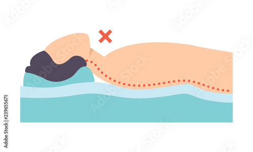 Man lying on his back, incorrect sleeping posture for neck, unhealthy sleeping position vector Illustration