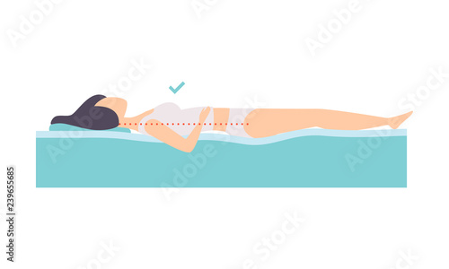 Woman lying on her back, correct sleeping posture for neck and spine, healthy sleeping position, orthopedic mattress and pillow vector Illustration on a white background