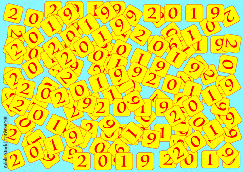 lots of red numbers in yellow squares 2019 on light blue background
