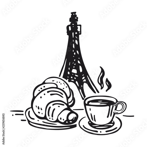 Coffee cup with croissant on Eiffel Tower background. Icon is hand drawn. Vector illustration in sketch style for postcard, cafe background.