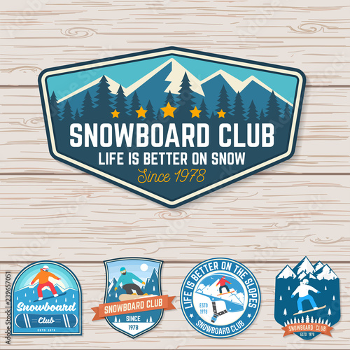 Set of Snowboard Club patches. Vector. Concept for patch, shirt, print, stamp or tee. Vintage typography design with snowboarder and mountain silhouette. Extreme sport.