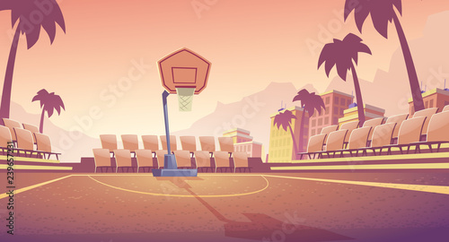 Street basketball court, city public stadium for team games cartoon vector. Empty outdoor sport field with basketball hoop and seats for fans illustration. Seacoast resort sport actives infrastructure