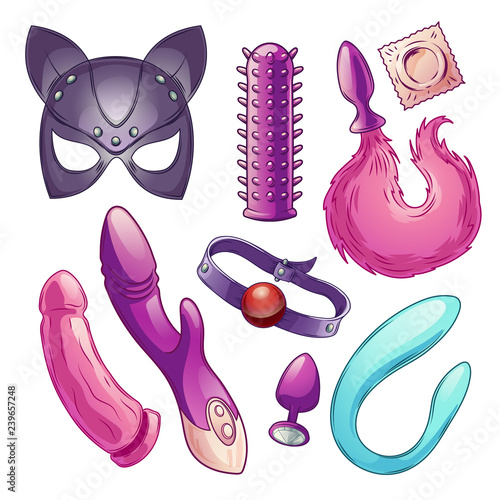 Adult sex toys for woman pleasure, role play cartoon vector set. Leather or latex pussycat mask with ears, condoms, butt plug with fluffy tail, mouth gag, dildos and vibrators illustrations collection