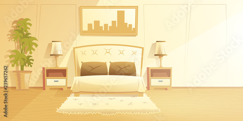 Spacious, sunny bedroom interior cartoon vector with fur carpet on floor, comfortable double bed, elegant lamps on cabinets, photo or painting in flame on wall and big plant in flowerpot illustration