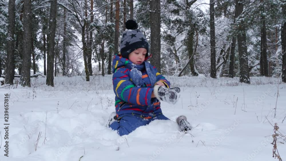 A child is playing with snow on the background of a winter forest. A child is playing with snow on the background of a winter forest.