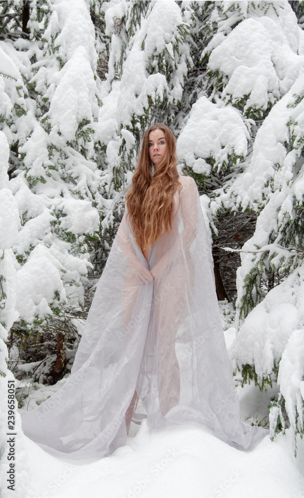 Junge sexy Frau mit schönen langen Haaren im Winter, mit langem weißen  Kleid Tuch im Schnee Eis friert im Winter Stock Photo | Adobe Stock