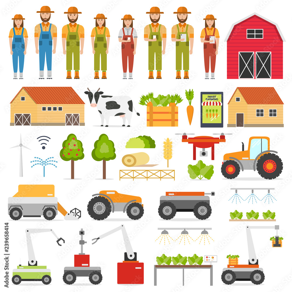 Agriculture automation smart farming icons set with isolated images of farmer and robot Agriculture automation smart farming icons set with isolated images of farmer and robot