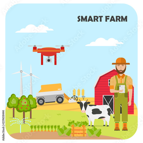 Woman farmer with tablet on a modern dairy farm. Smart farming mobile application