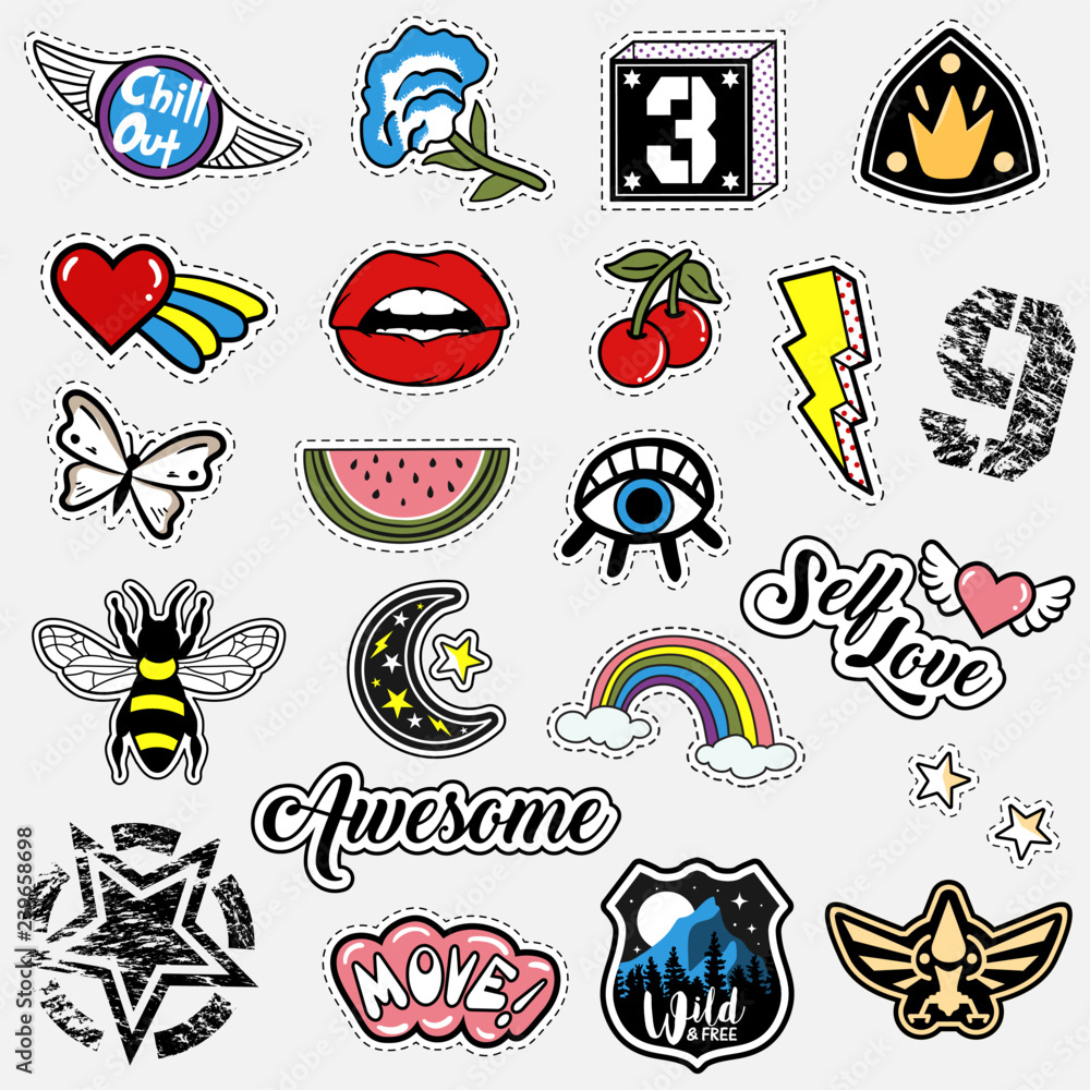 Set of fashion patches in the retro and military style. Trendy stickers design. Vector quotes, numbers, cartoon bee, butterfly, flower, lips, watermelon, heart with wings, cherry, lightning, rainbow - obrazy, fototapety, plakaty 