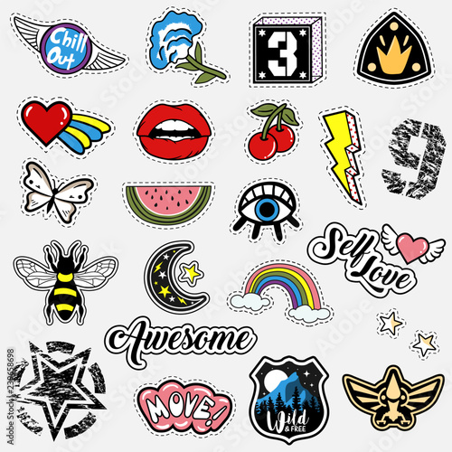 Set of fashion patches in the retro and military style. Trendy stickers design. Vector quotes, numbers, cartoon bee, butterfly, flower, lips, watermelon, heart with wings, cherry, lightning, rainbow photo