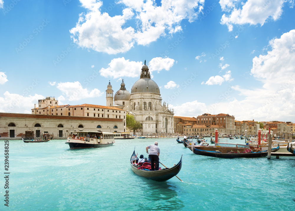 Fototapeta premium Canal Grande i Bazylika Santa Maria della Salute, Wenecja, Włochy i słoneczny dzień
