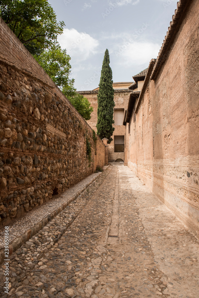 Architecture of the famous Alhambra Palace in Granada, Andulasia, Spain. The palace is a famous Islamic historical palace with spectacular architectural beauty.